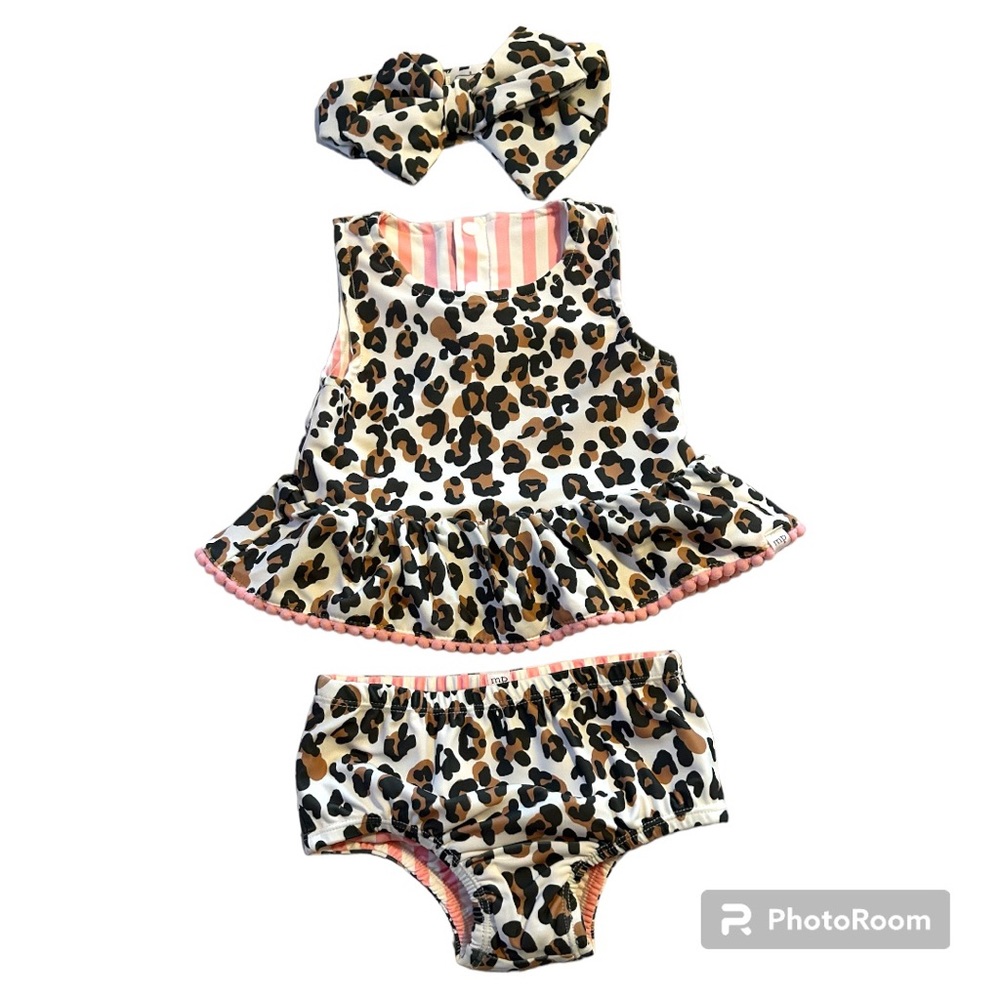 Mud Pie NWOT REVERSIBLE Baby Girl Swimsuit & Headband Set Leopard/Pink Stripe